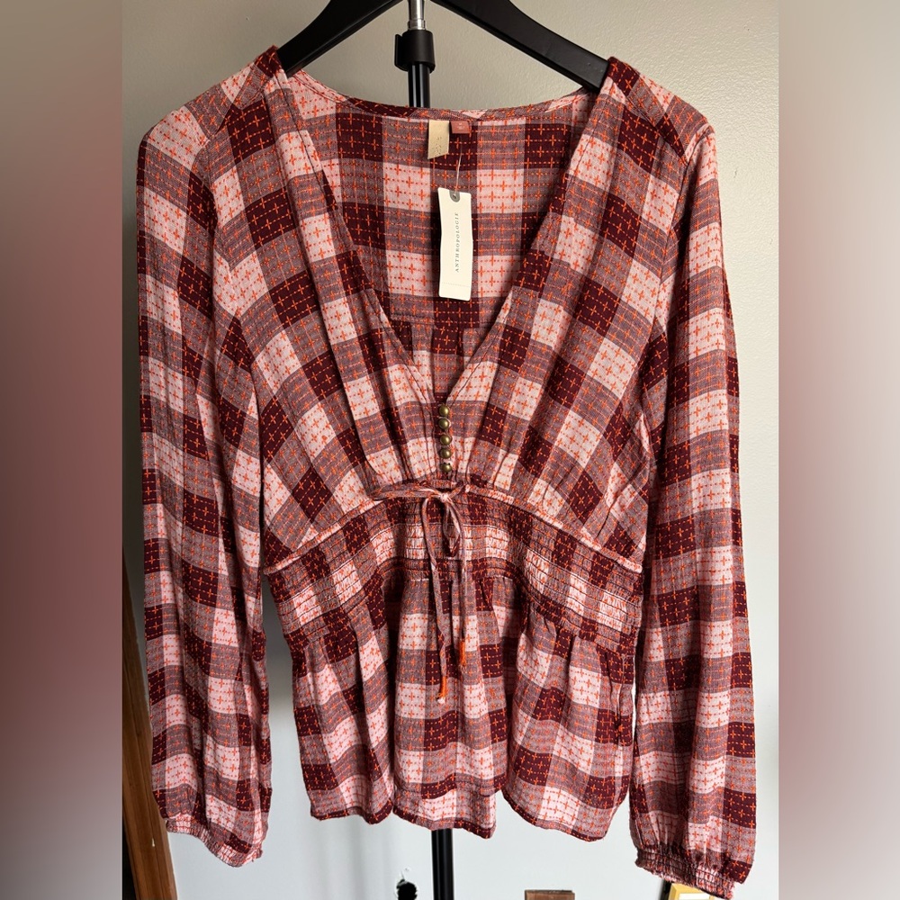 Anthropologie Burgundy and Orange Plaid Shirt